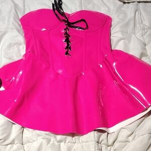 Lavish Hot Pink Patent Mini Dress with Black Lace-Up